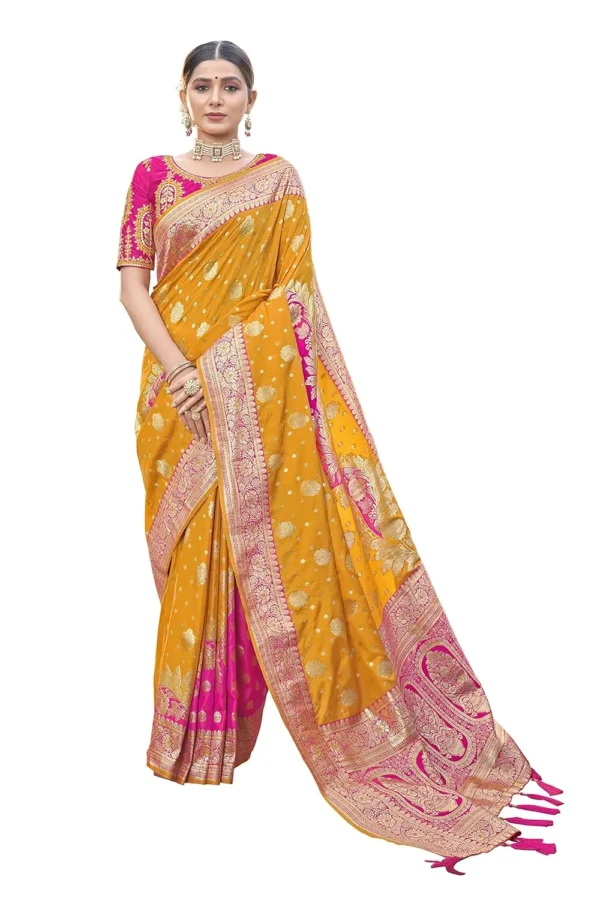 Yellow & Pink Banarasi Silk Saree with Unstitched Blouse Piece
